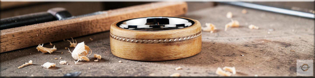 A Spalted Maple bentwood ring with twisted silver wire inlay. The inner core is polished tungsten carbide.