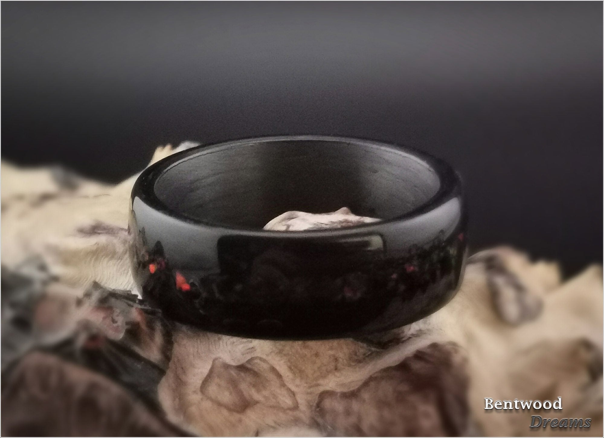 Black Birdseye Maple Bentwood Ring: Cultured Black Fire Opal, Carbon Fiber Core
