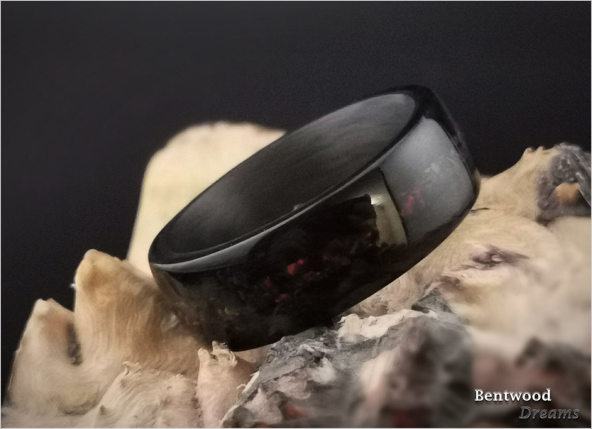 Black Birdseye Maple Bentwood Ring: Cultured Black Fire Opal, Carbon Fiber Core