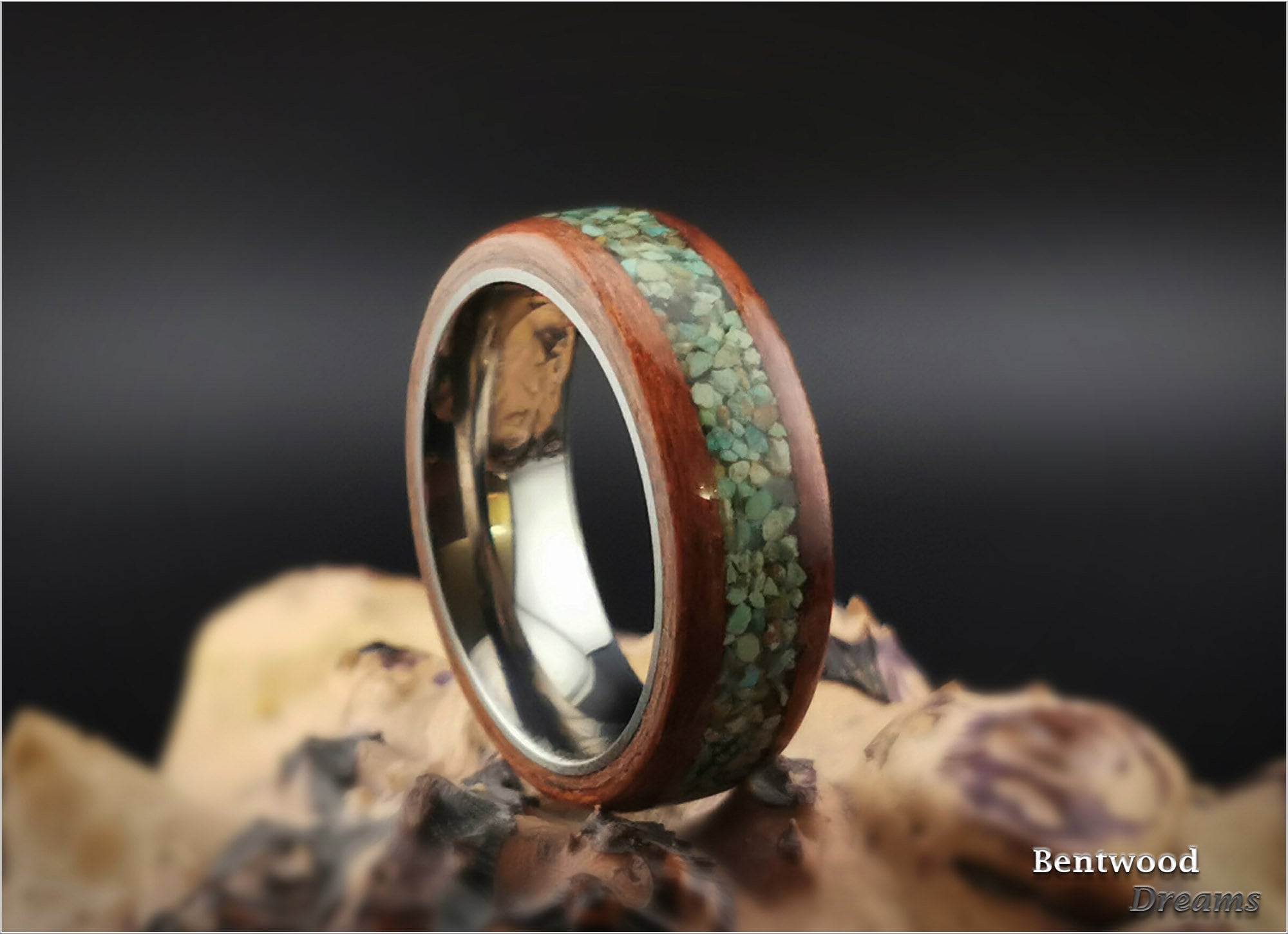Bentwood Ring: Bubinga, inlaid Green Turquoise, Tungsten Carbide core, wood ring