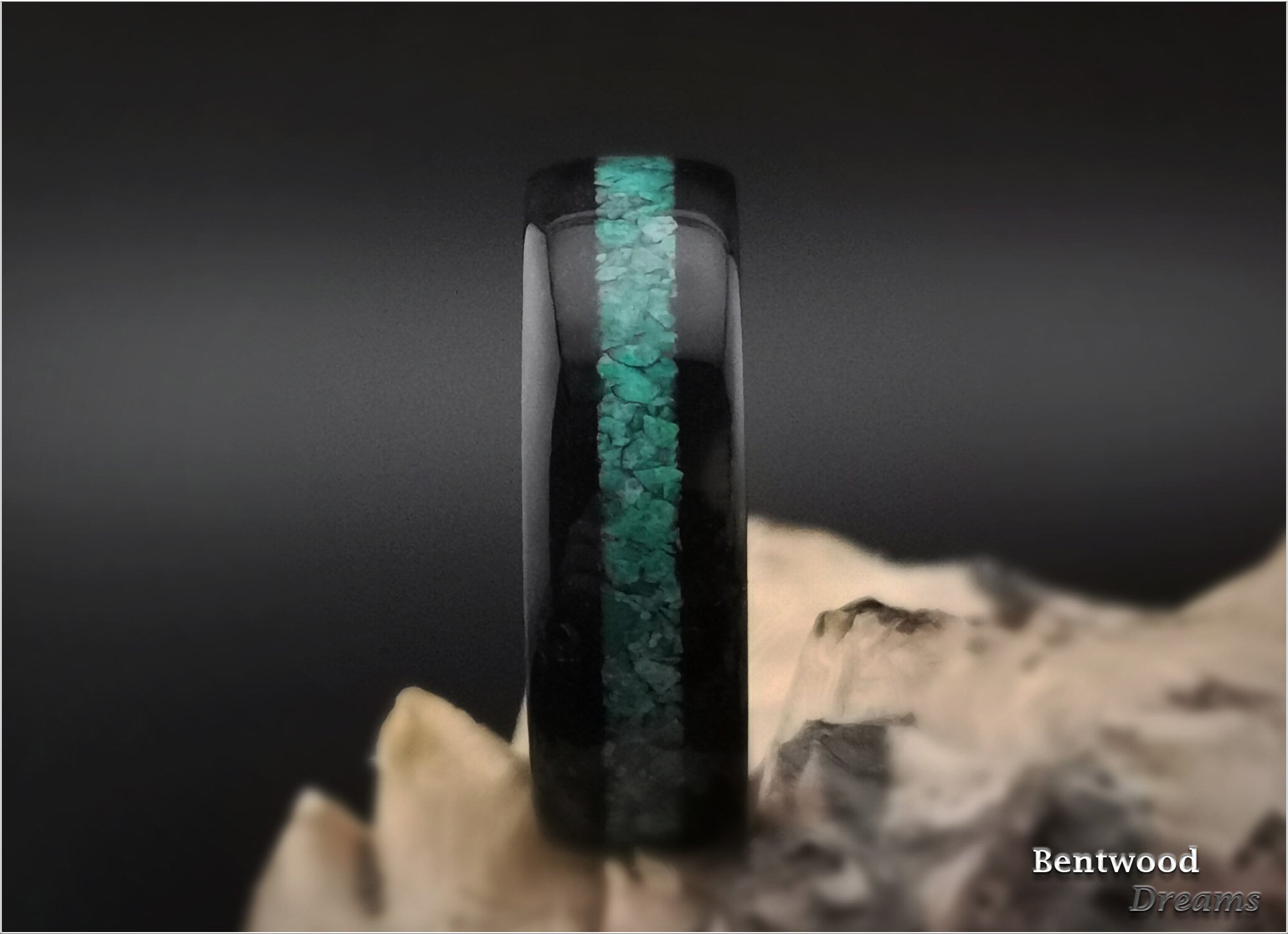 Bentwood Ring: Black Birdseye Maple, inlaid Chilean Chrysocolla, Deer Antler core, wood ring