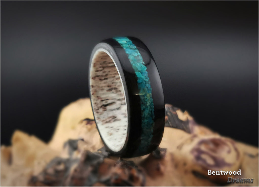 Bentwood Ring: Black Birdseye Maple, inlaid Chilean Chrysocolla, Deer Antler core, wood ring