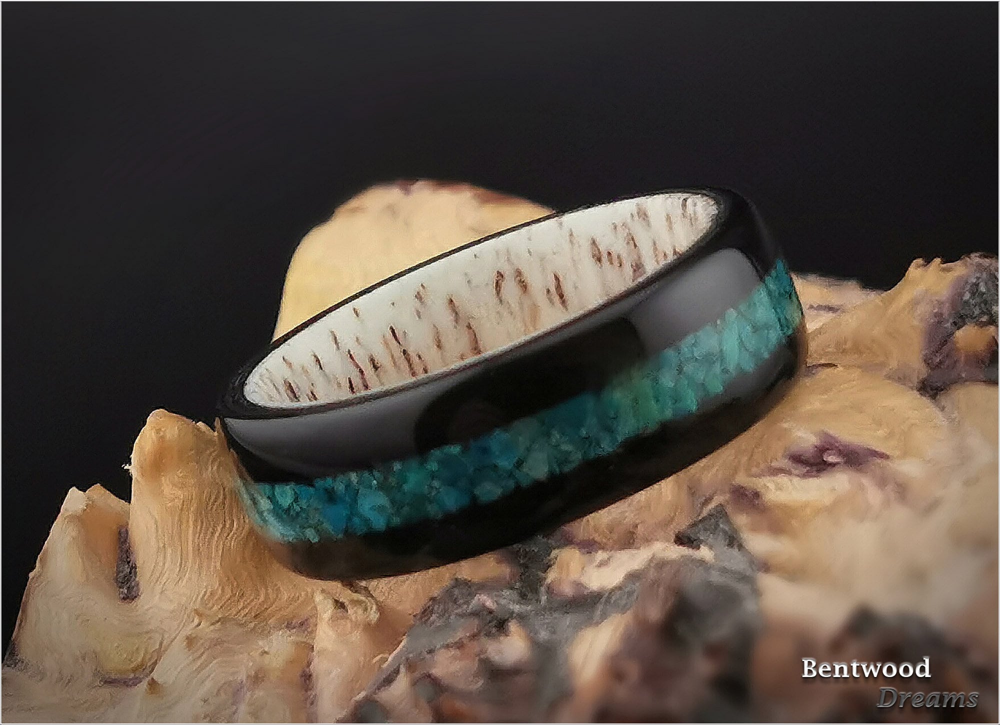 Bentwood Ring: Black Birdseye Maple, inlaid Chilean Chrysocolla, Deer Antler core, wood ring