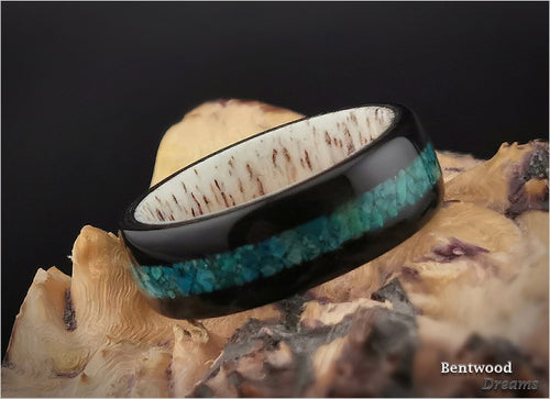 Bentwood Ring: Black Birdseye Maple, inlaid Chilean Chrysocolla, Deer Antler core, wood ring