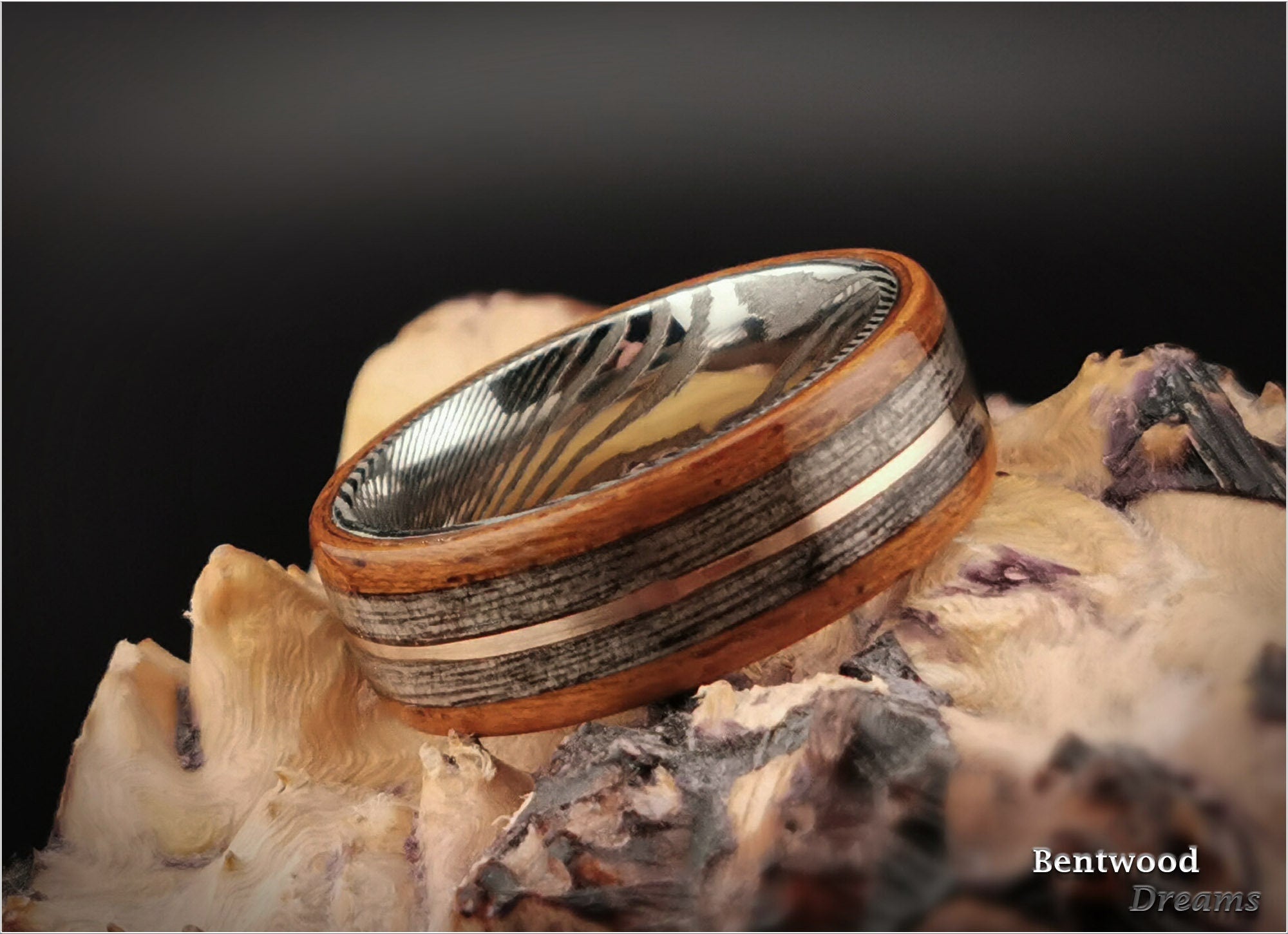 Bentwood Ring: Jatoba, inlaid Harborica,and Bronze, Damascus Steel core