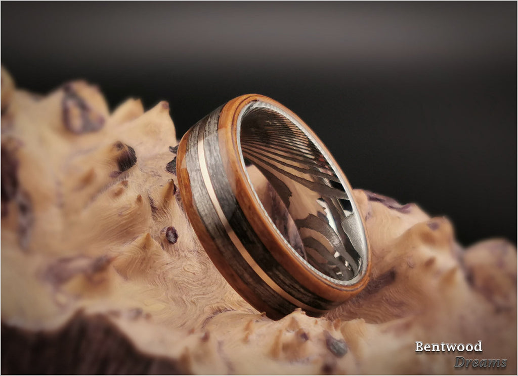 Bentwood Ring: Jatoba, inlaid Harborica,and Bronze, Damascus Steel core