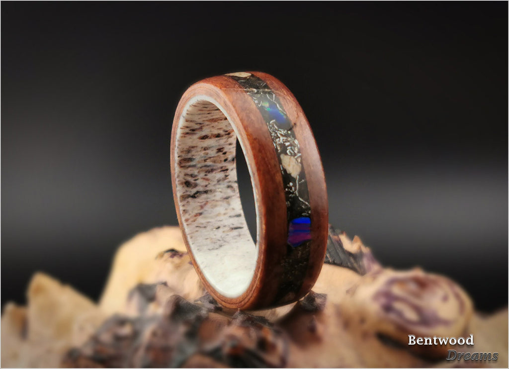 Redwood Burl Bentwood Ring: Megalodon Tooth, Meteorite, Opal, Antler Core