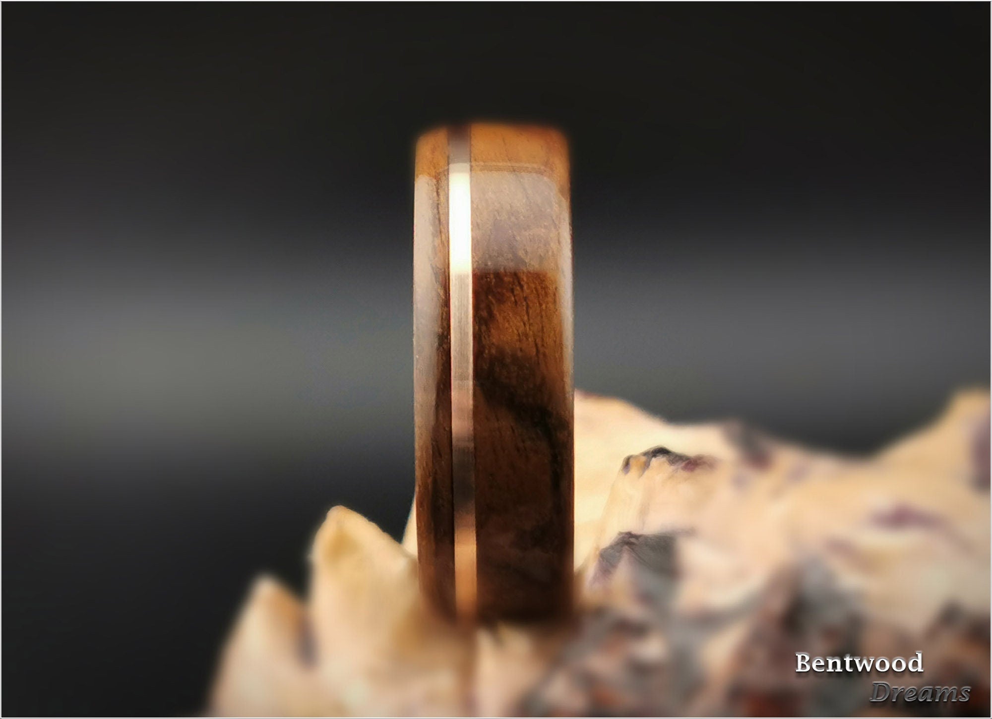 Bentwood Ring: Imbuya Pommele, offset inlaid Bronze, Tungsten Carbide core