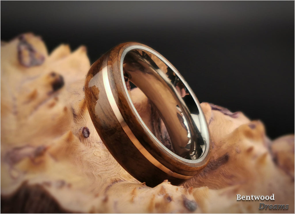 Bentwood Ring: Imbuya Pommele, offset inlaid Bronze, Tungsten Carbide core