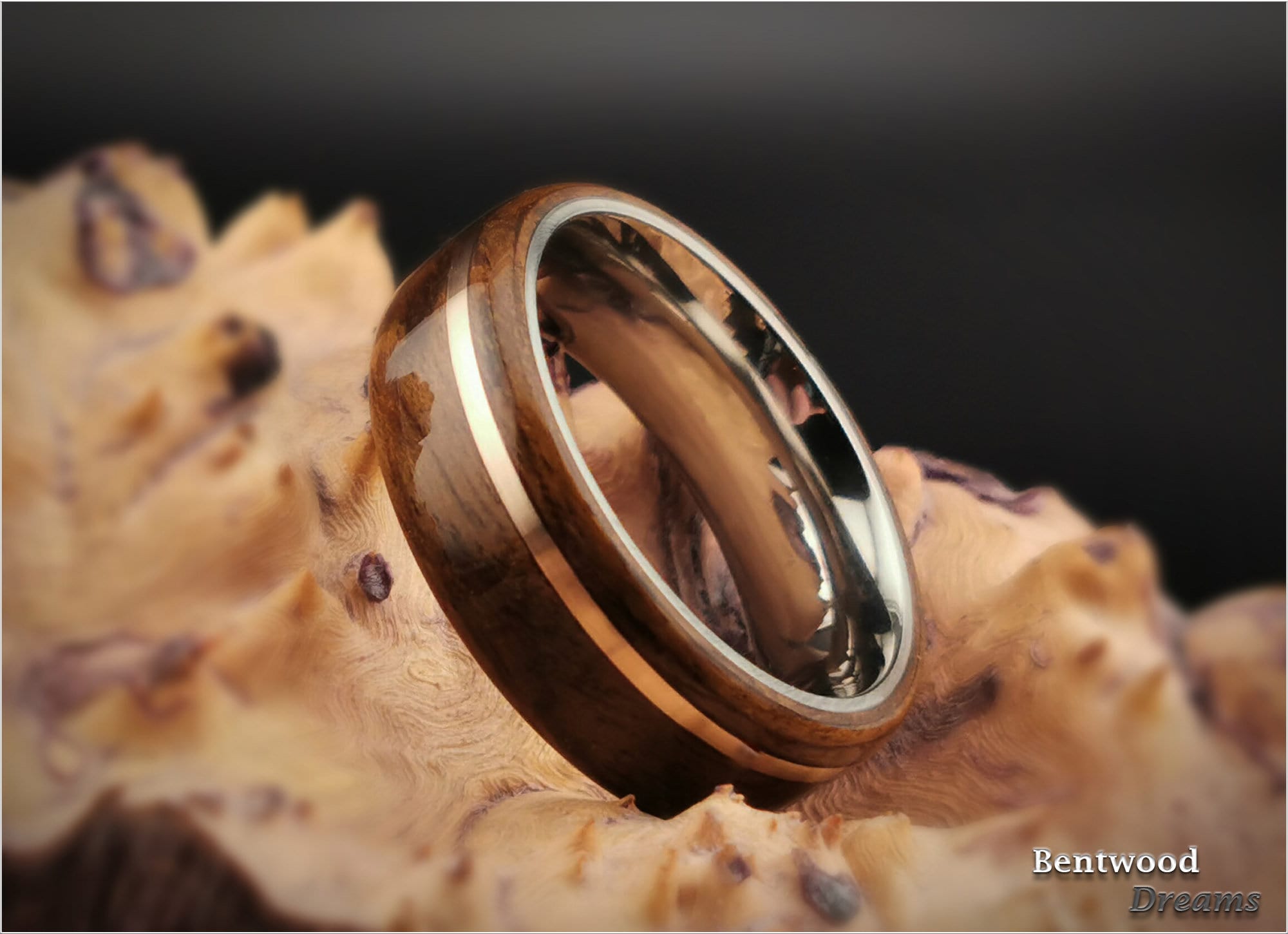 Bentwood Ring: Imbuya Pommele, offset inlaid Bronze, Tungsten Carbide core