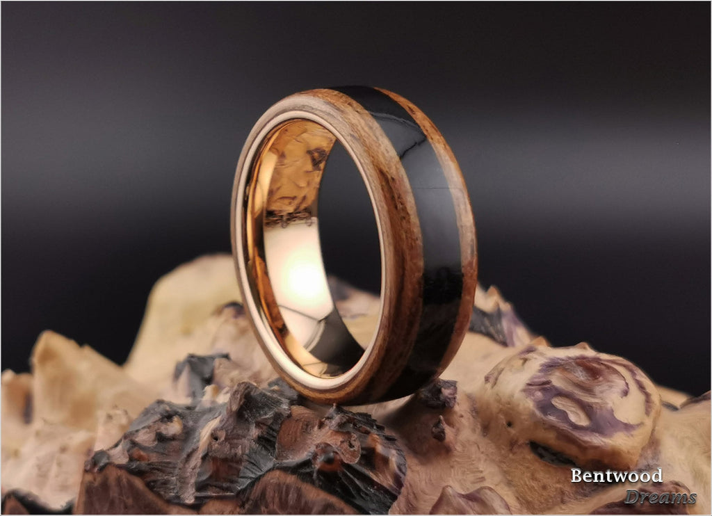Bentwood Ring: Quartersawn Etimoe, inlaid Shungite, Rose Gold Tungsten Carbide core, wood ring