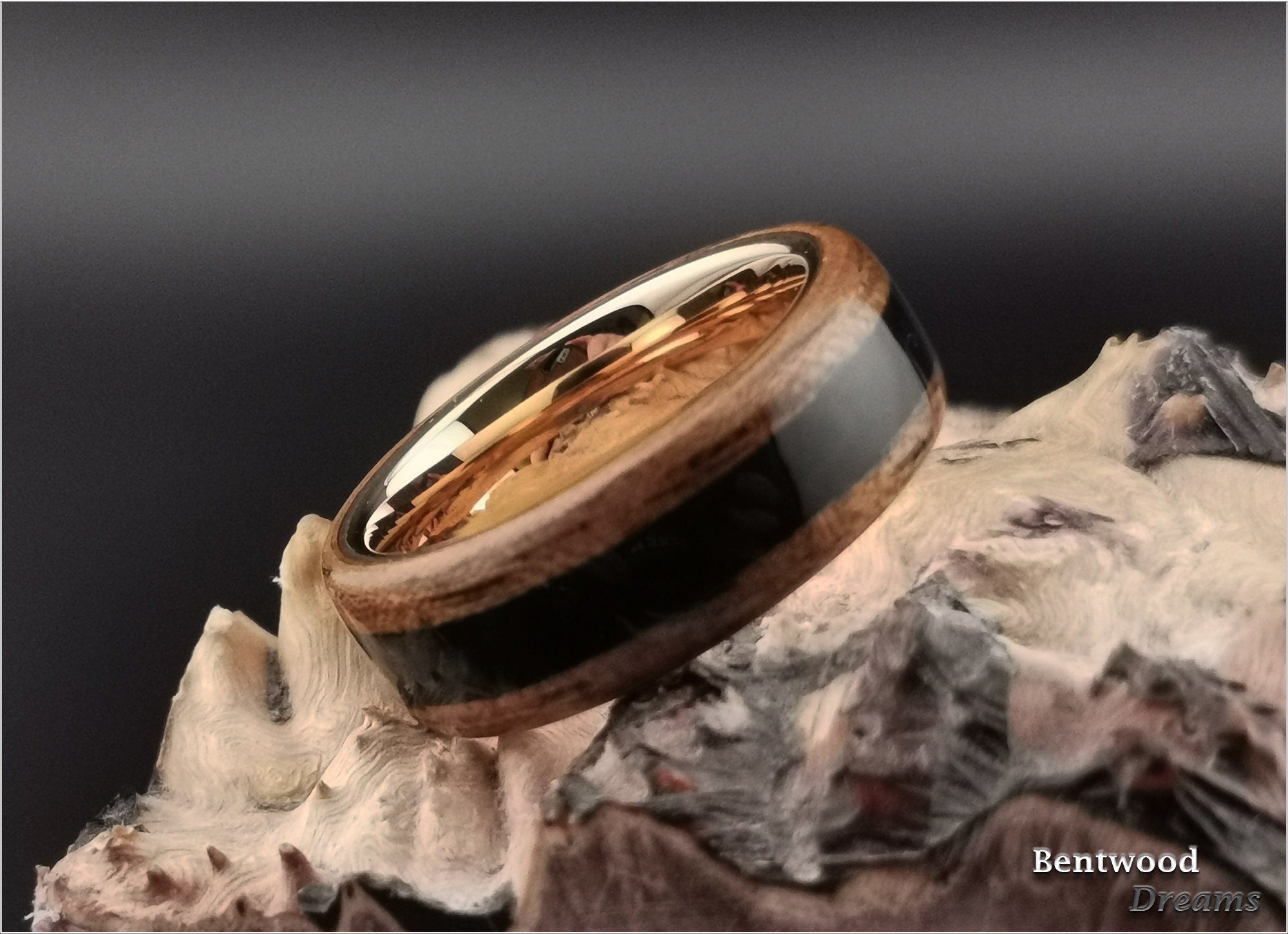 Bentwood Ring: Quartersawn Etimoe, inlaid Shungite, Rose Gold Tungsten Carbide core, wood ring
