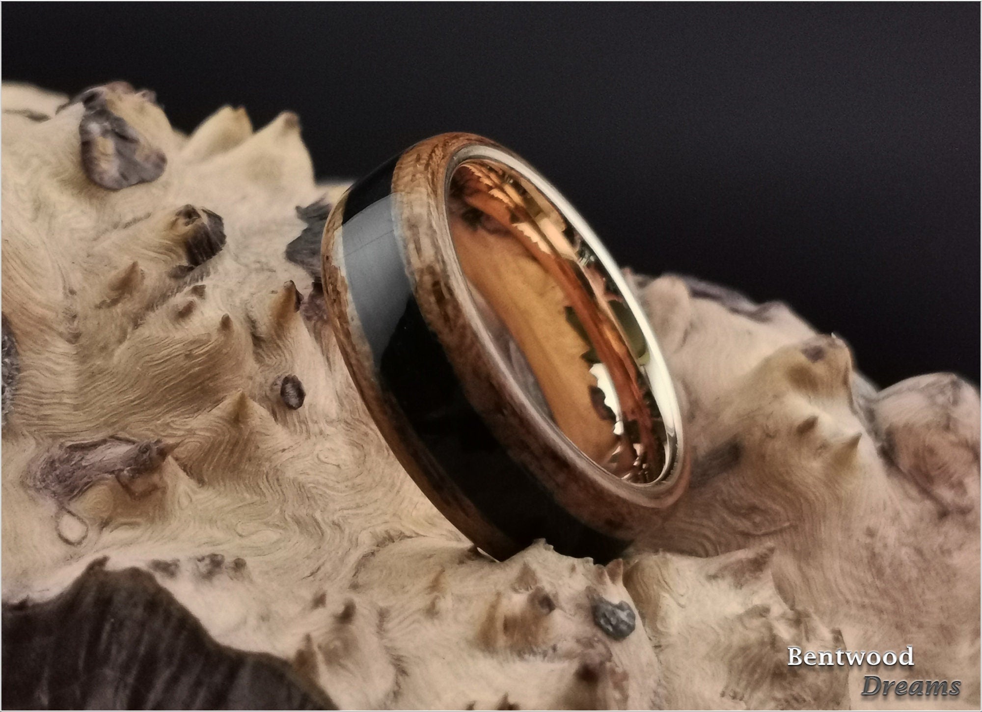 Bentwood Ring: Quartersawn Etimoe, inlaid Shungite, Rose Gold Tungsten Carbide core, wood ring