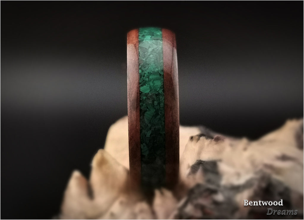 Bentwood Ring: Redwood Burl, inlaid Green Malachite, Polished Titanium core, wood ring