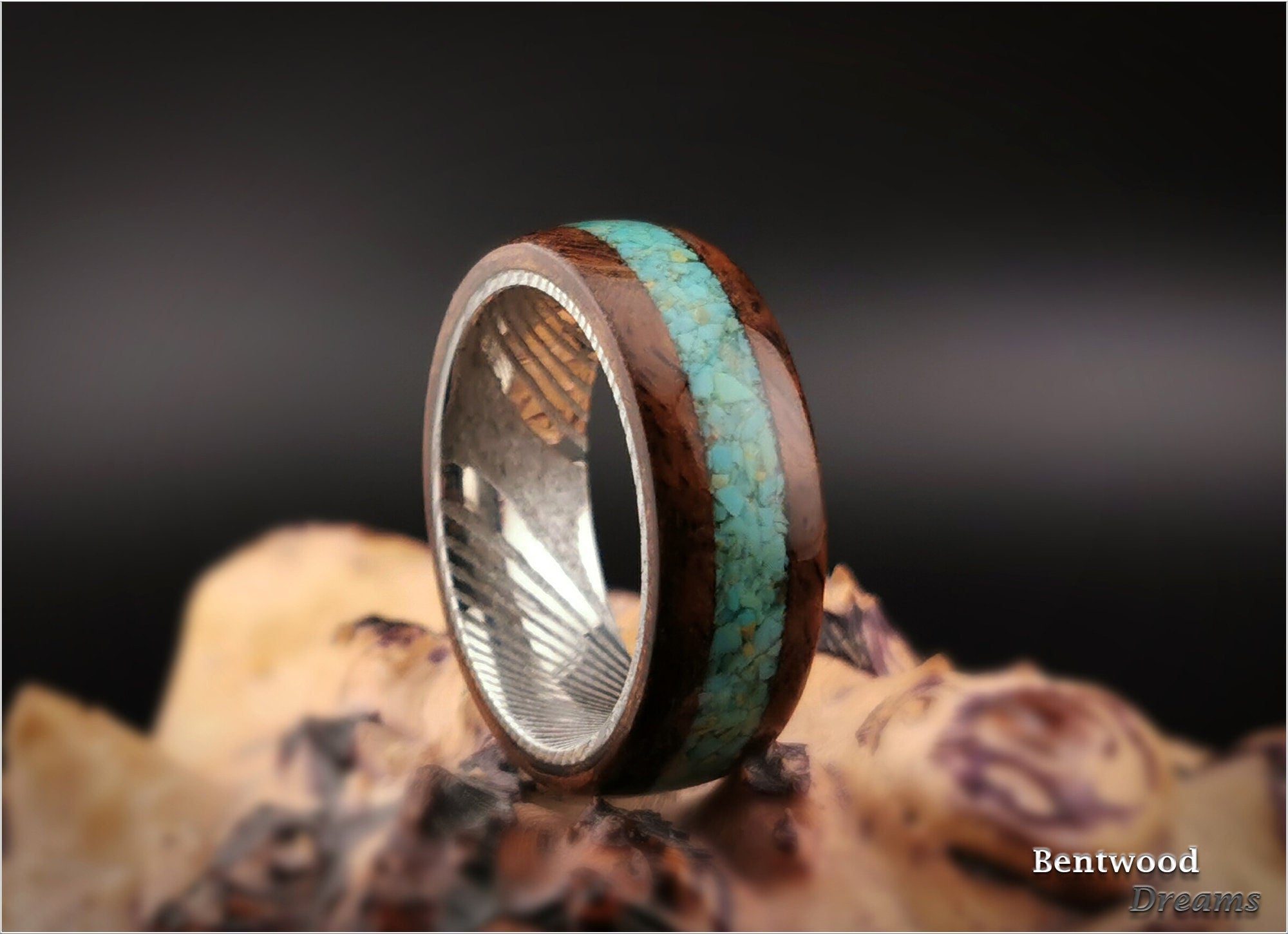 Bentwood Ring: Claro Walnut Burl, inlaid Sonoran Turquoise, Damascus Steel core, wood ring