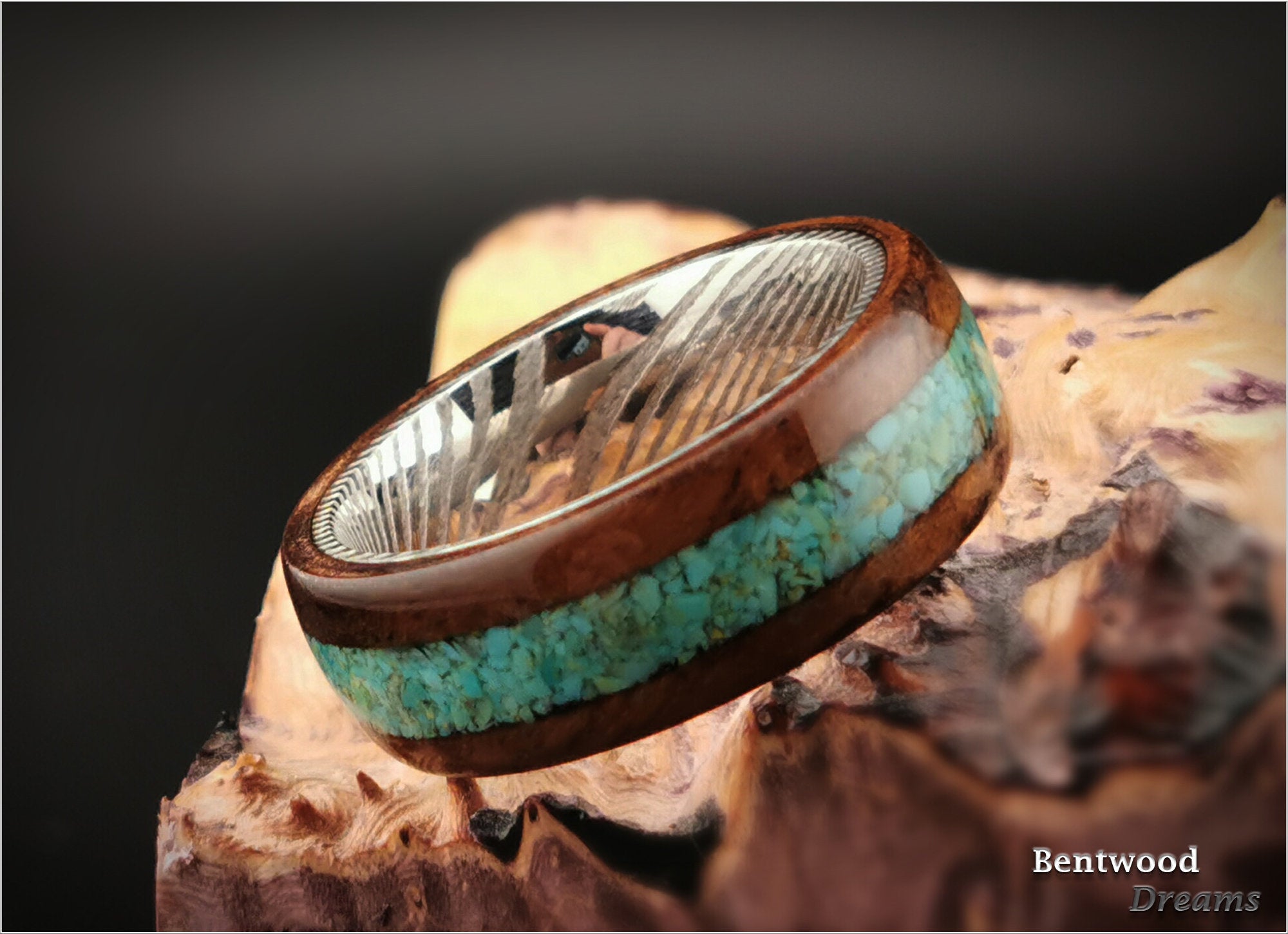 Bentwood Ring: Claro Walnut Burl, inlaid Sonoran Turquoise, Damascus Steel core, wood ring