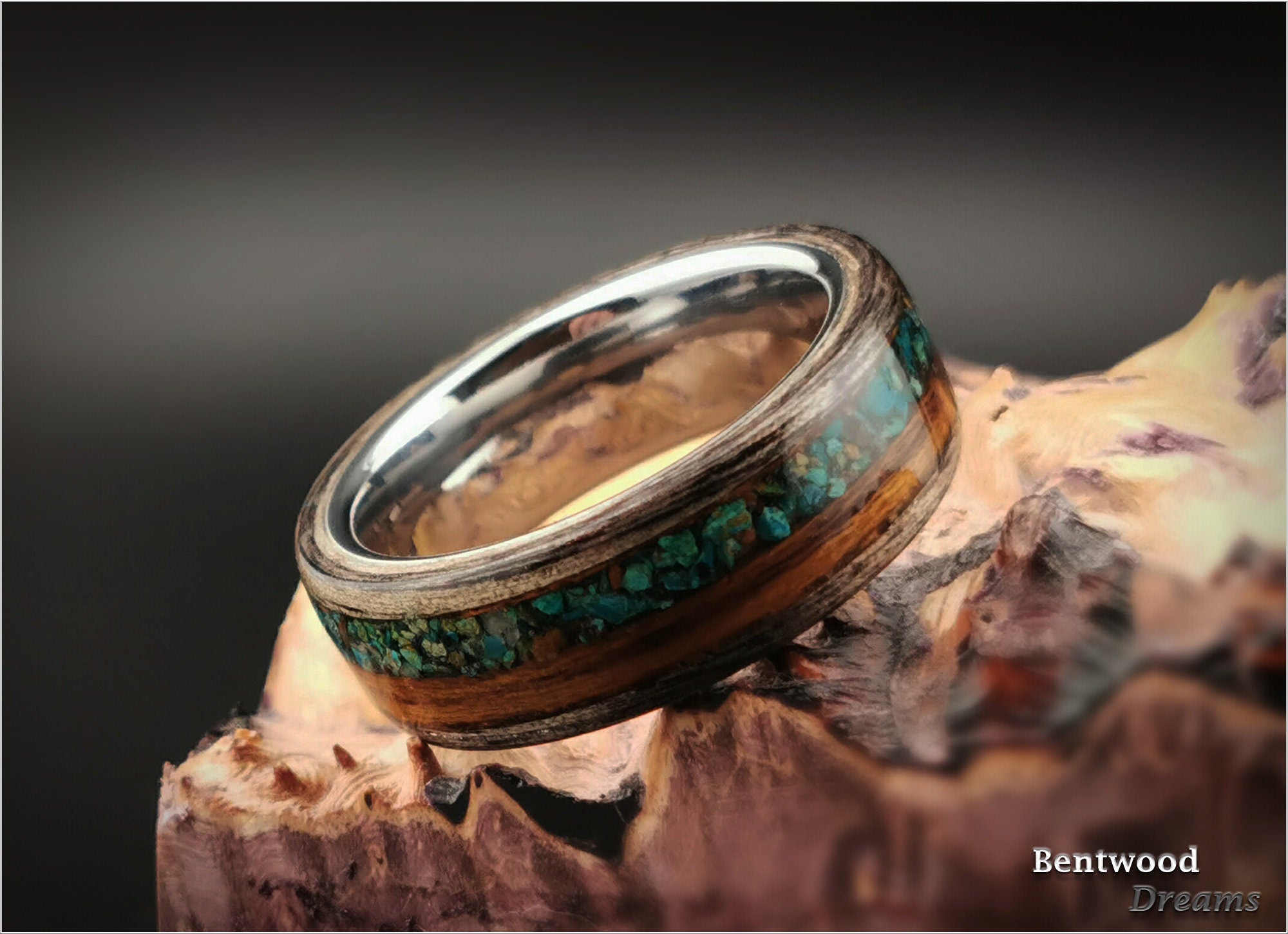 Bentwood Ring: Harborica, inlaid Teak and Dark Chrysocolla, Tungsten Carbide core
