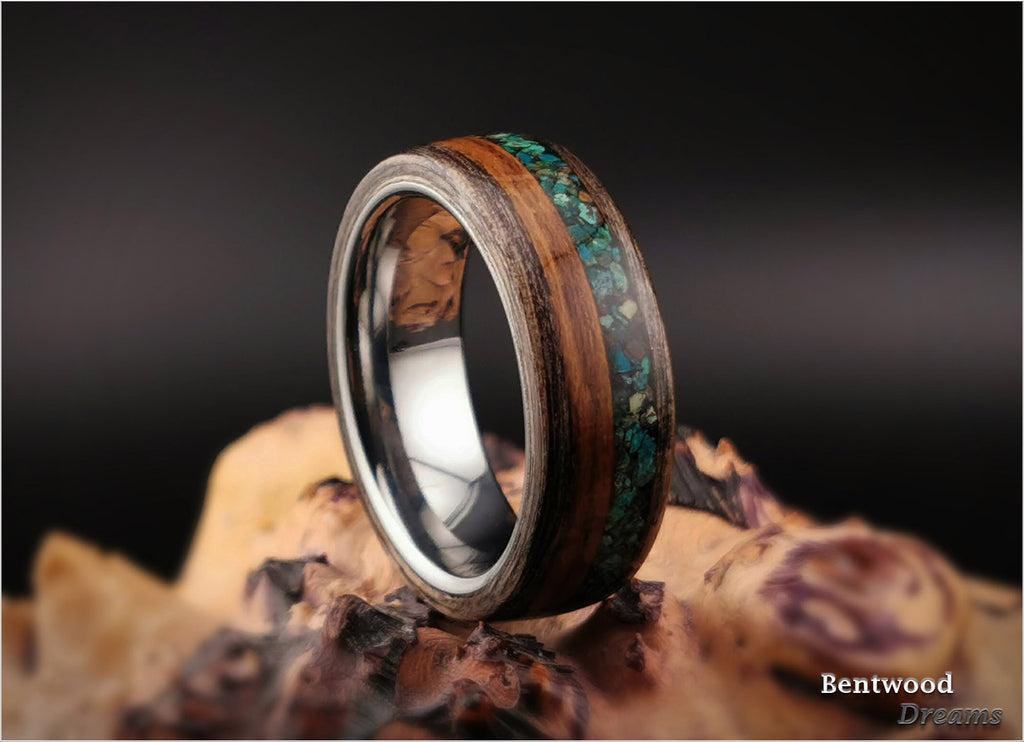 Bentwood Ring: Harborica, inlaid Teak and Dark Chrysocolla, Tungsten Carbide core