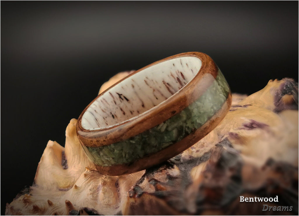 Bentwood Ring: Circassian Walnut, inlaid Vesuvianite (Californite), Deer Antler core, wood ring
