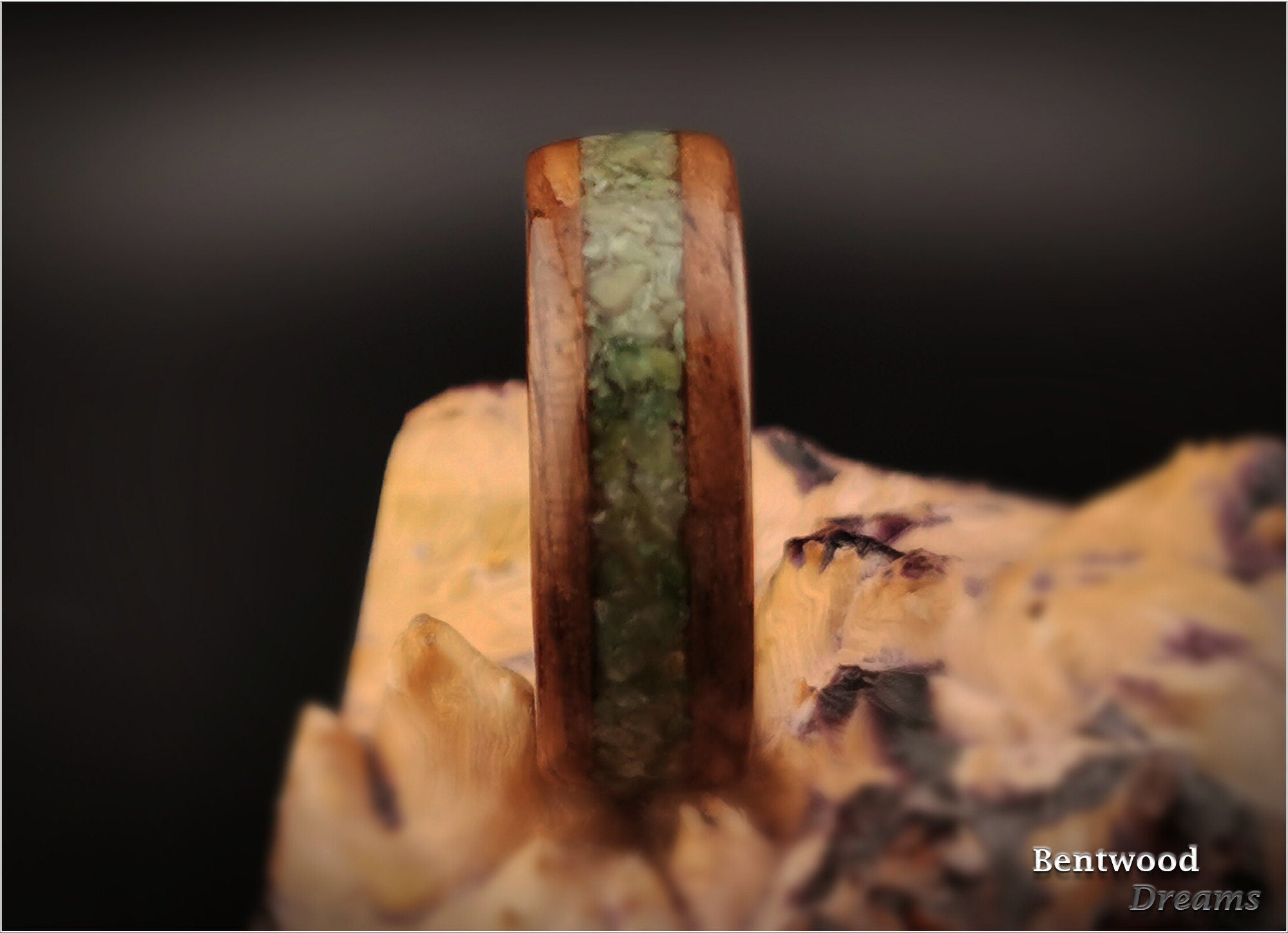 Bentwood Ring: Circassian Walnut, inlaid Vesuvianite (Californite), Deer Antler core, wood ring