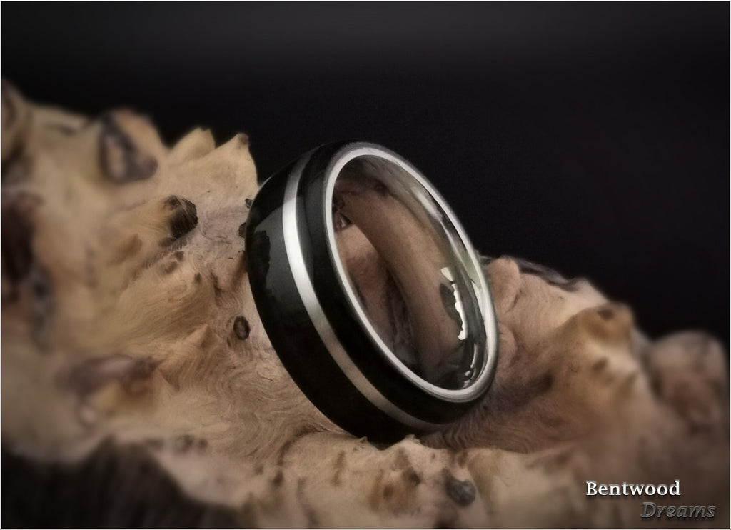 Bentwood Ring: Ebony, inlaid wide Sterling Silver, Polished Cobalt Chrome core