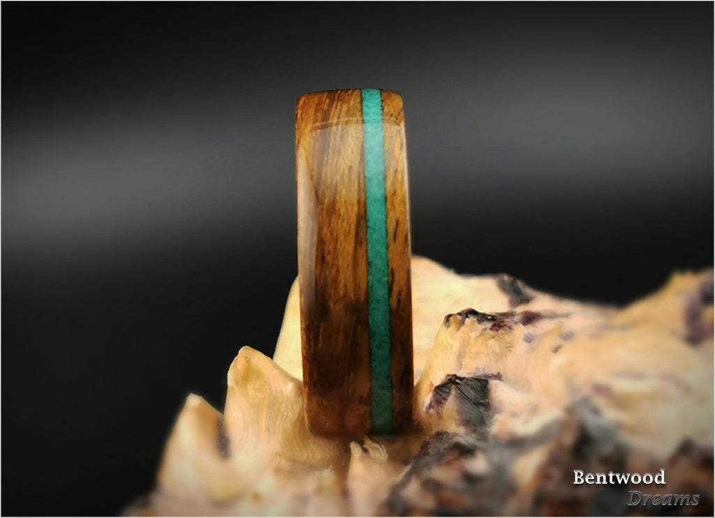Bentwood Ring: Mozambique, inlaid offset Green Malachite, Rose Gold Tungsten Carbide core, wood ring