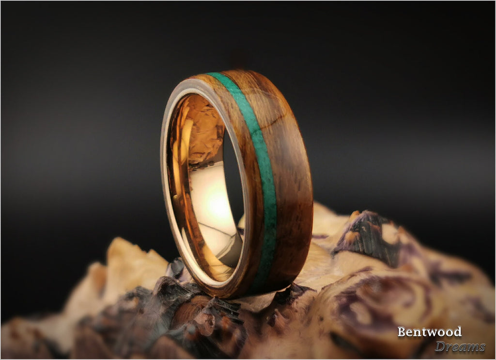 Bentwood Ring: Mozambique, inlaid offset Green Malachite, Rose Gold Tungsten Carbide core, wood ring