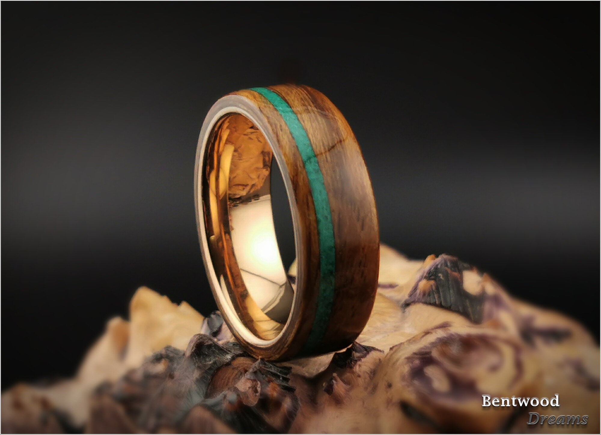 Bentwood Ring: Mozambique, inlaid offset Green Malachite, Rose Gold Tungsten Carbide core, wood ring