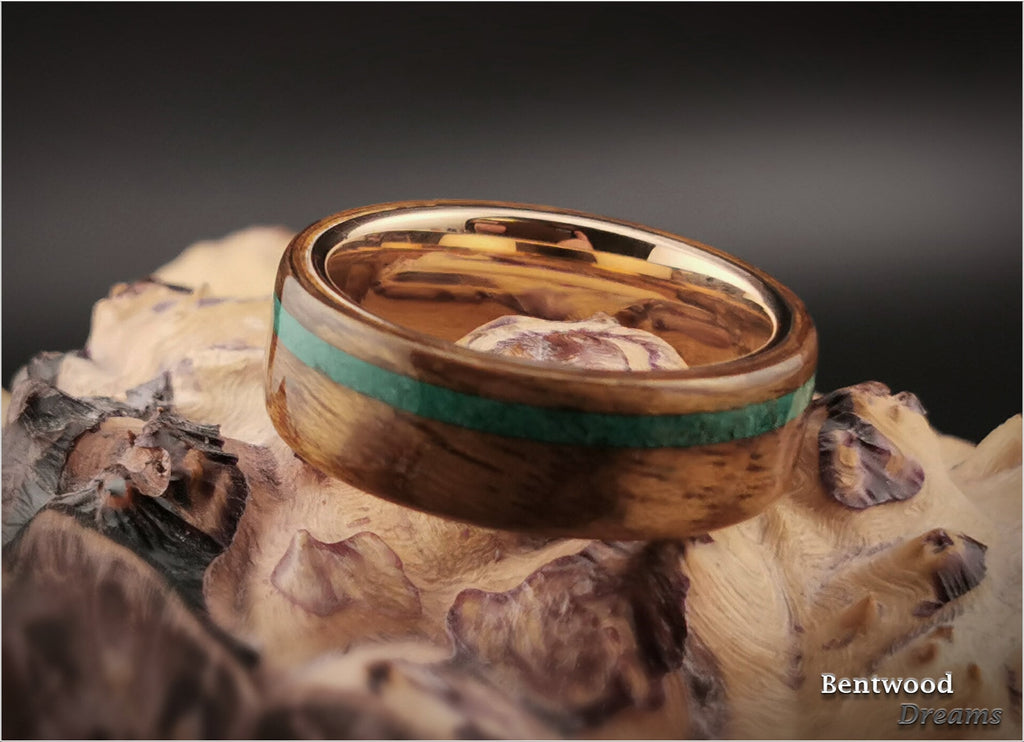 Bentwood Ring: Mozambique, inlaid offset Green Malachite, Rose Gold Tungsten Carbide core, wood ring