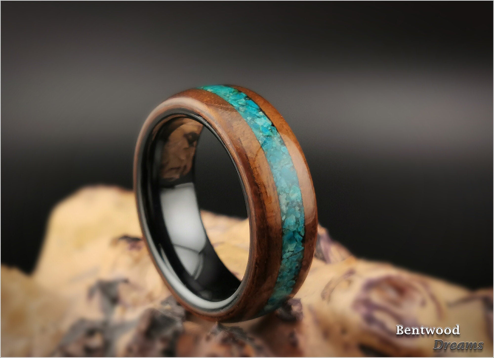 Bentwood Ring: Fumed Aspen, inlaid Dark Chrysocolla, Polished Black Ceramic core