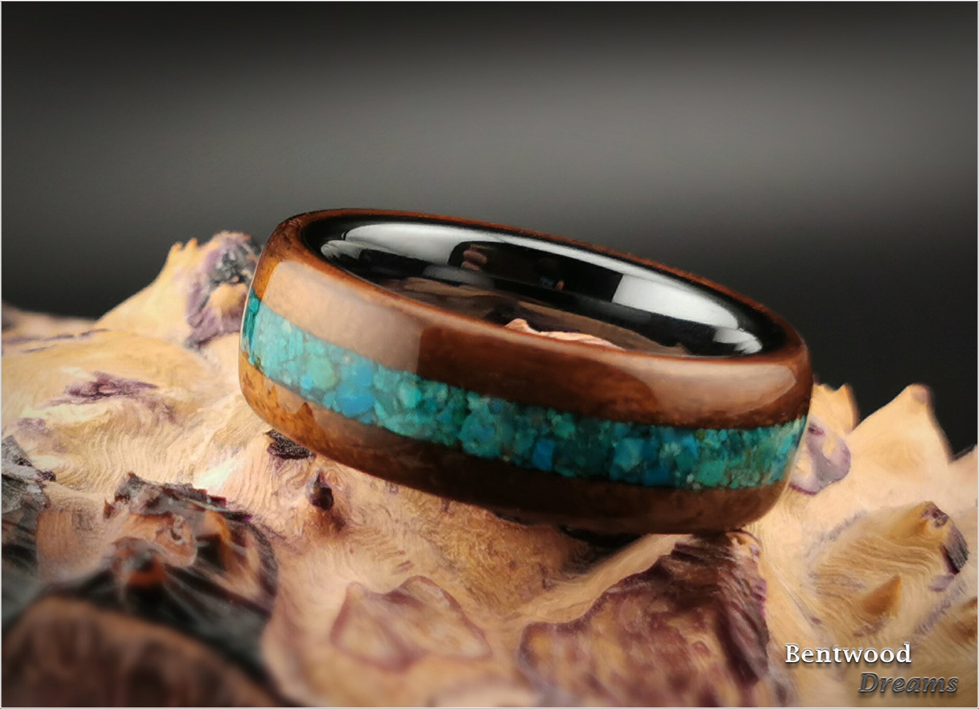 Bentwood Ring: Fumed Aspen, inlaid Dark Chrysocolla, Polished Black Ceramic core