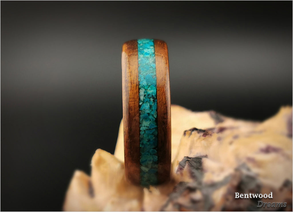 Bentwood Ring: Fumed Aspen, inlaid Dark Chrysocolla, Polished Black Ceramic core