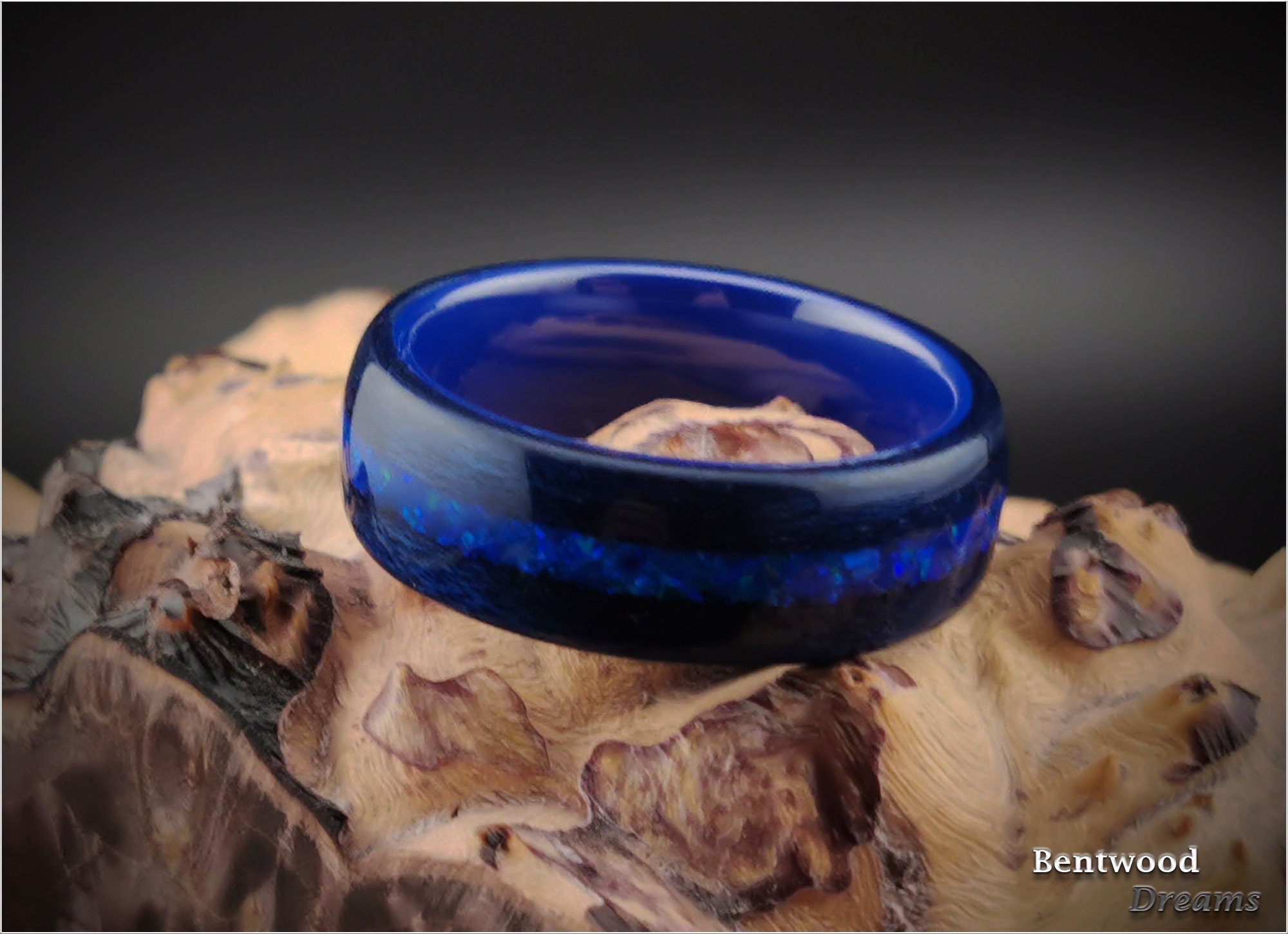 Opal Inlaid Bentwood Ring: Midnight Blue Tulipwood, Ceramic Core