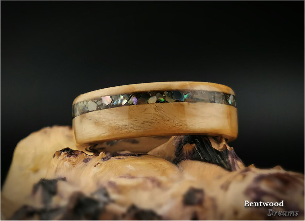 Bentwood Ring: Karelian Birch, inlaid Abalone Shell, Polished Titanium core, wood ring