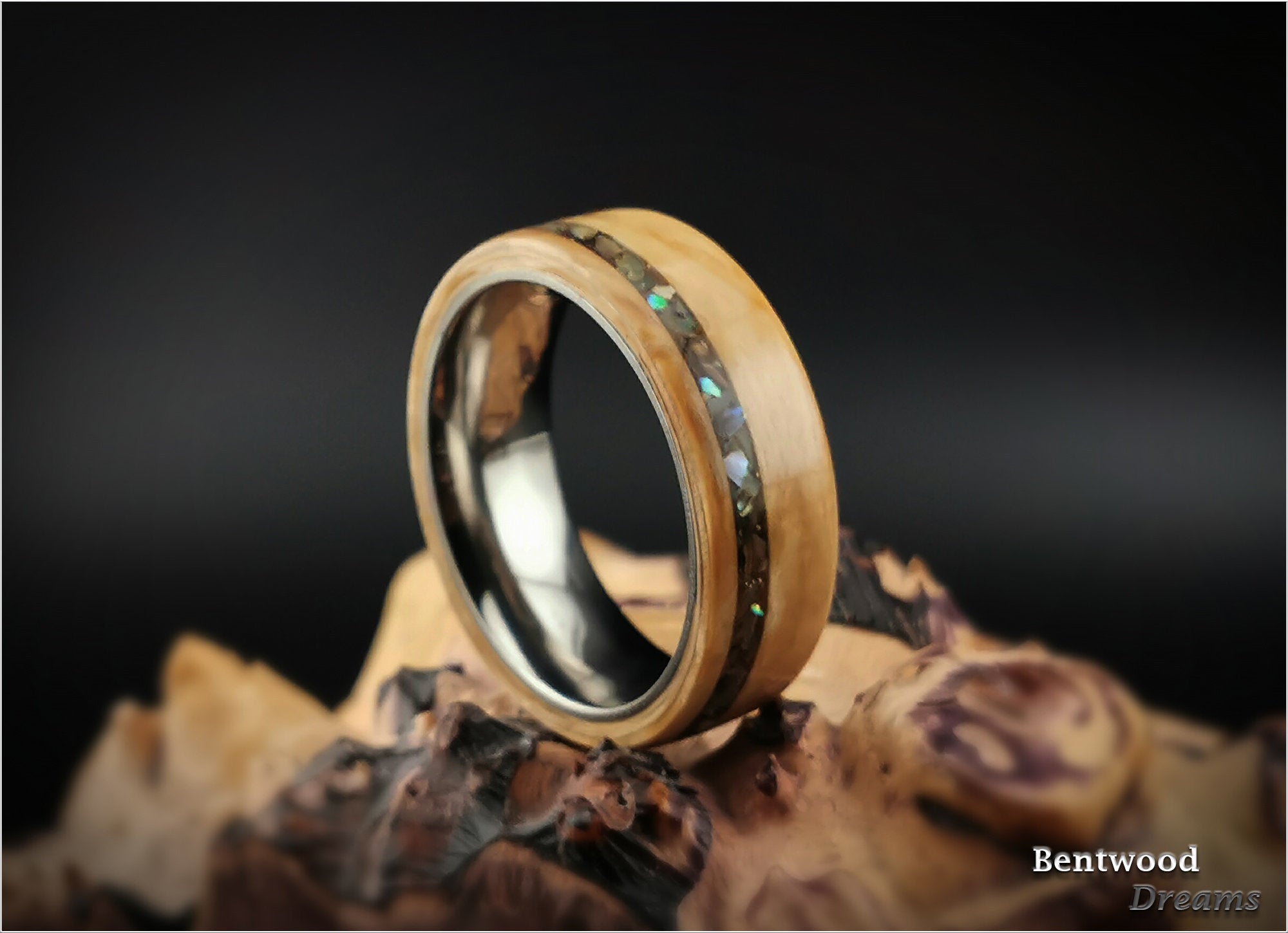 Bentwood Ring: Karelian Birch, inlaid Abalone Shell, Polished Titanium core, wood ring