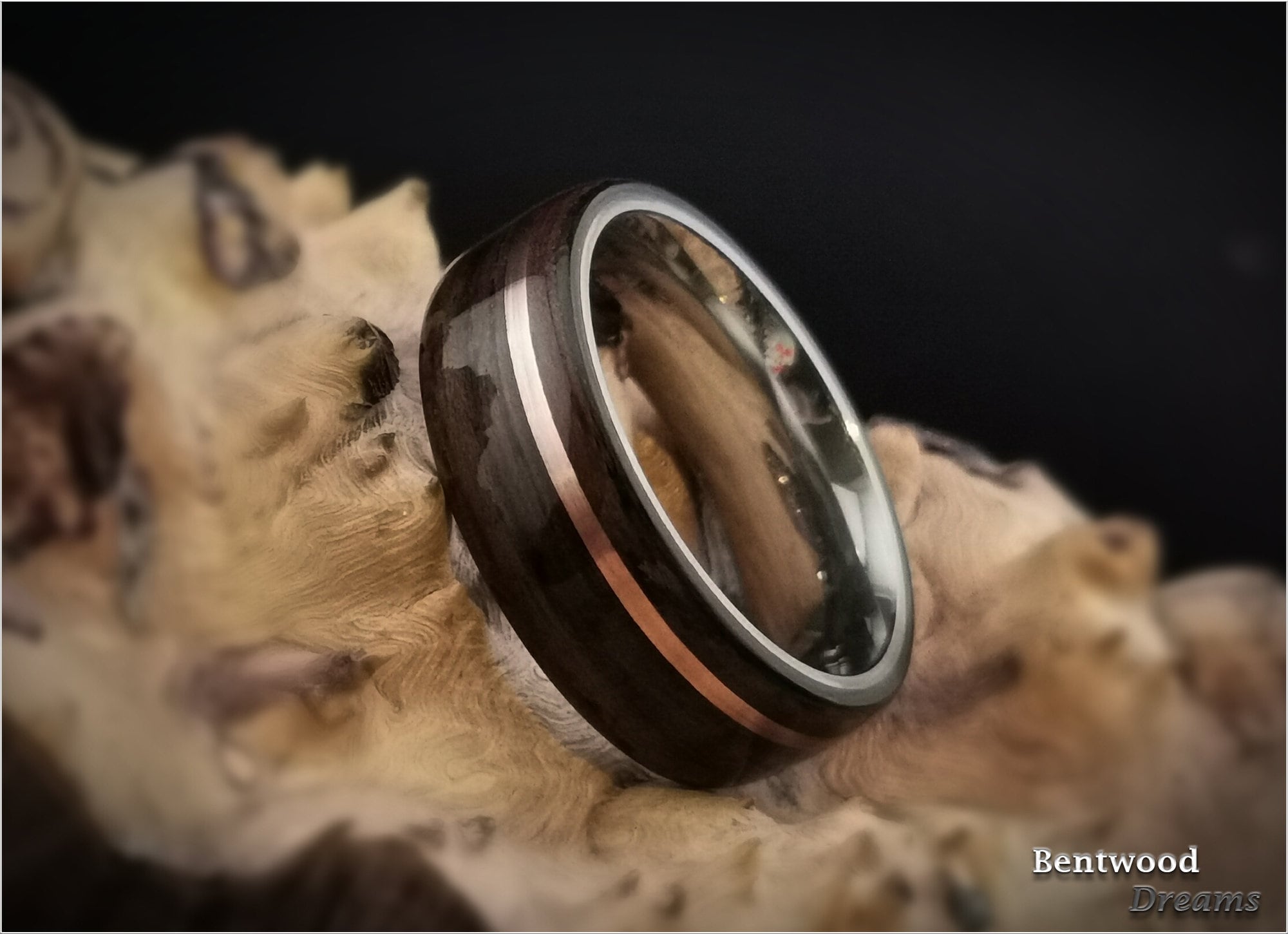 Bentwood Ring: East Indian Rosewood, offset inlaid Copper, Polished Titanium core