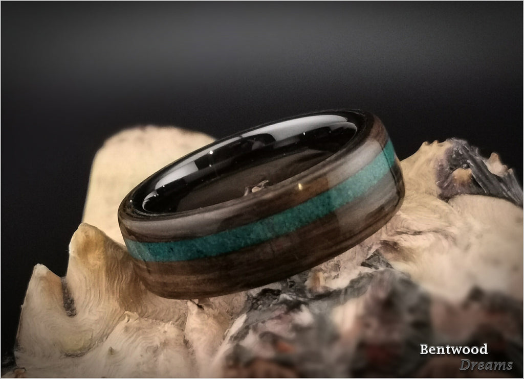 Bentwood Ring: Ancient Bog Oak, offset inlaid Dark Chrysocolla, Polished Black Ceramic core