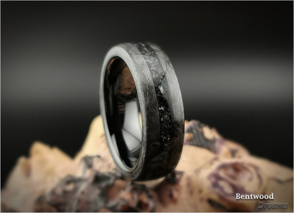Bentwood Ring: Grey Birdseye Maple, inlaid Carborundum, Polished Black Ceramic core, wood ring