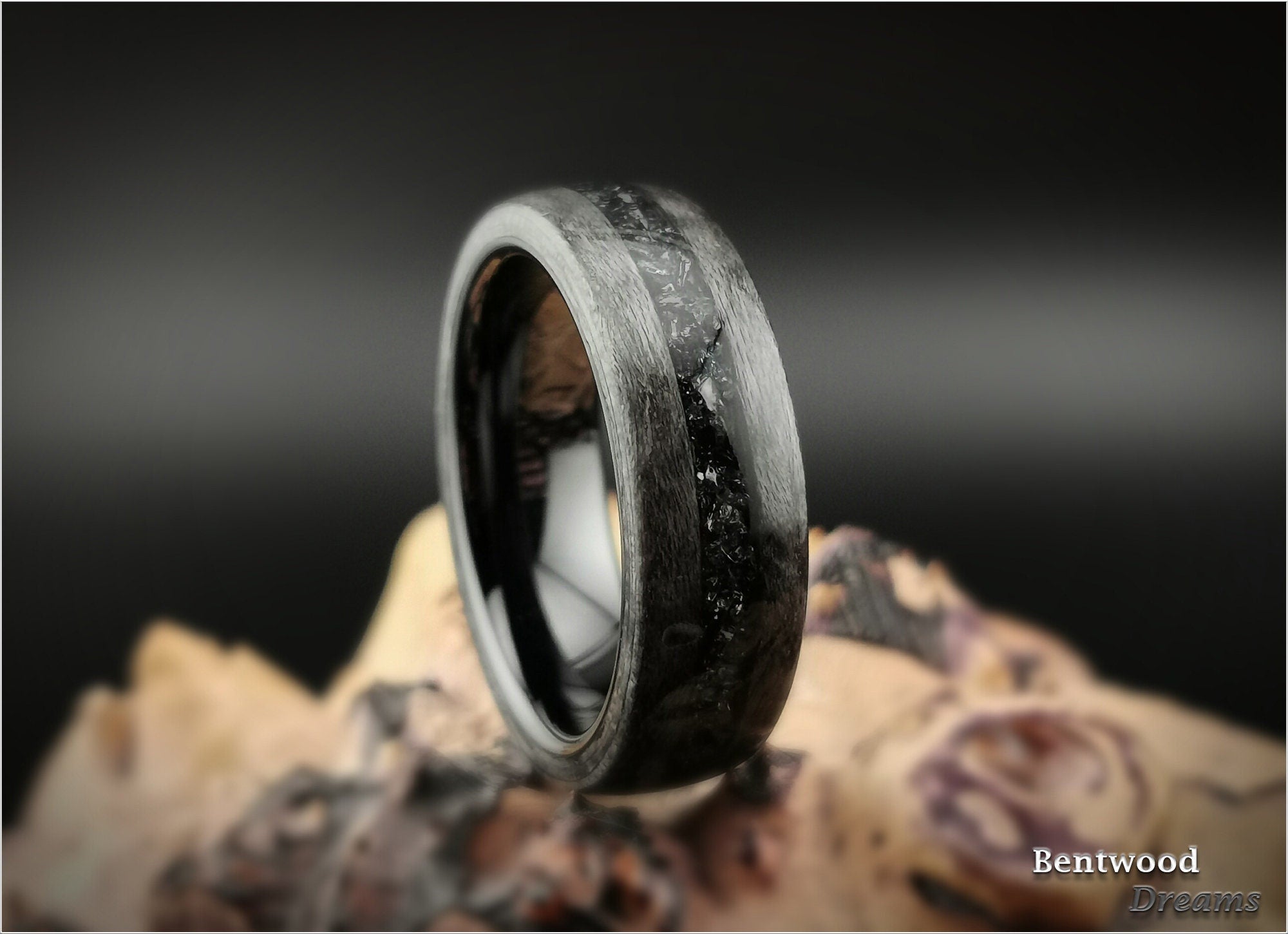 Bentwood Ring: Grey Birdseye Maple, inlaid Carborundum, Polished Black Ceramic core, wood ring