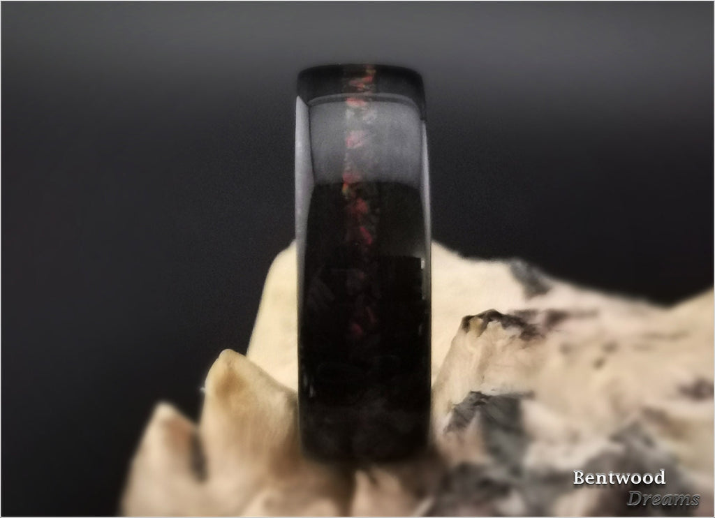 Black Birdseye Maple Bentwood Ring: Cultured Black Fire Opal, Carbon Fiber Core
