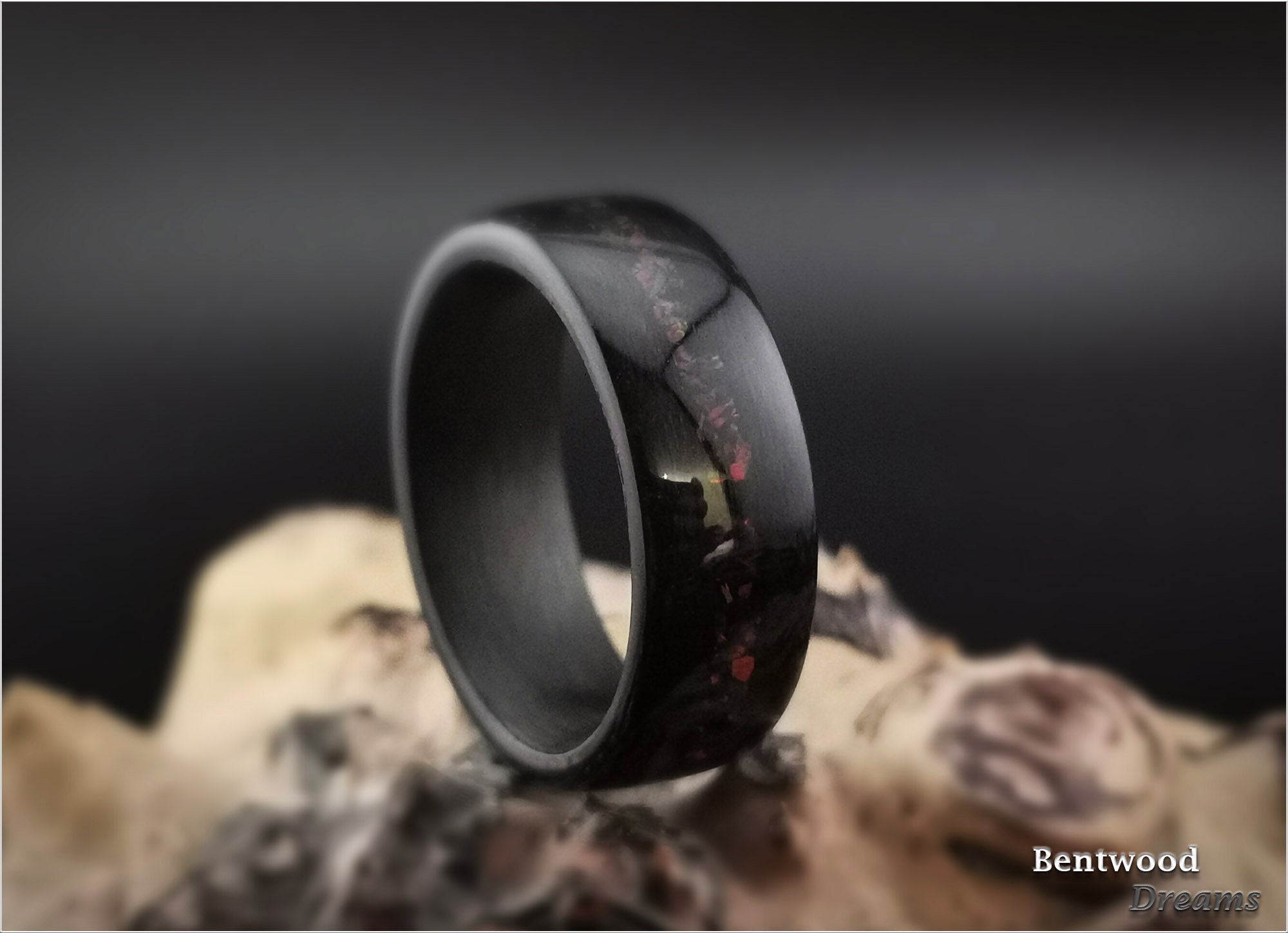 Black Birdseye Maple Bentwood Ring: Cultured Black Fire Opal, Carbon Fiber Core