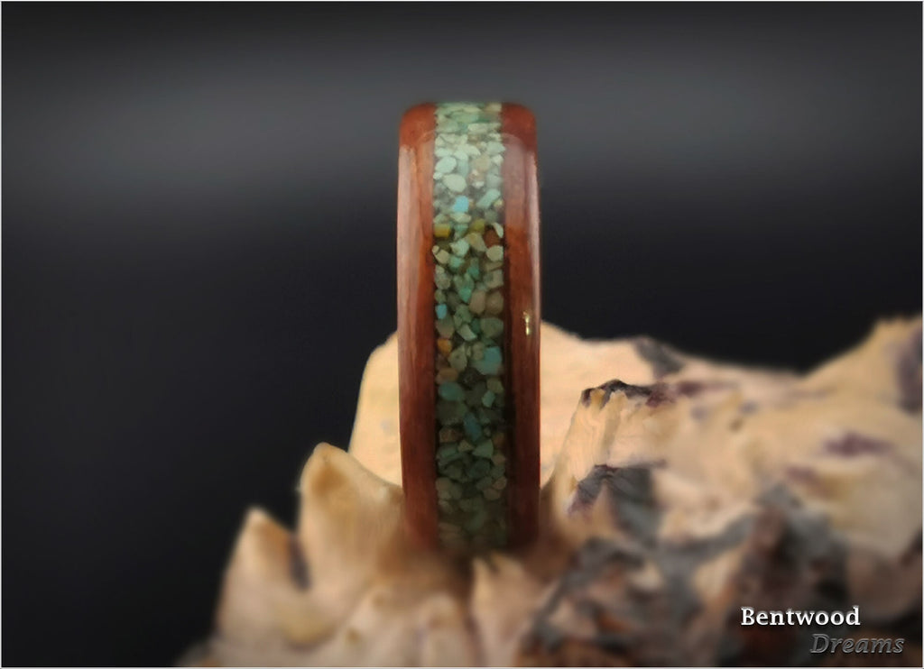 Bentwood Ring: Bubinga, inlaid Green Turquoise, Tungsten Carbide core, wood ring