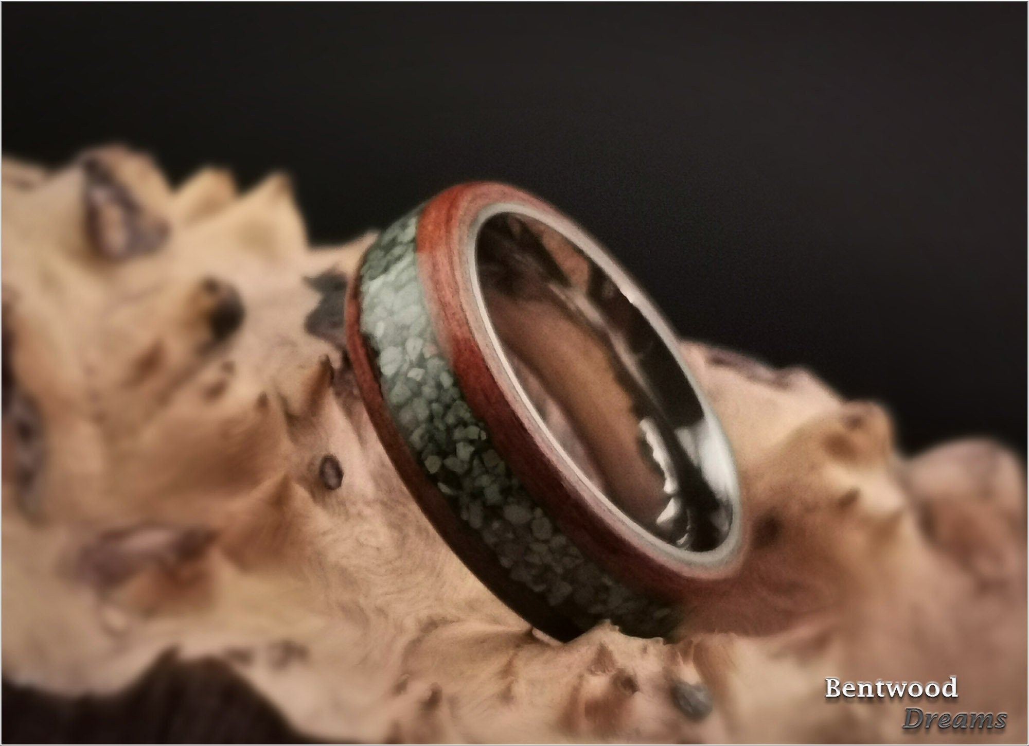 Bentwood Ring: Bubinga, inlaid Green Turquoise, Tungsten Carbide core, wood ring