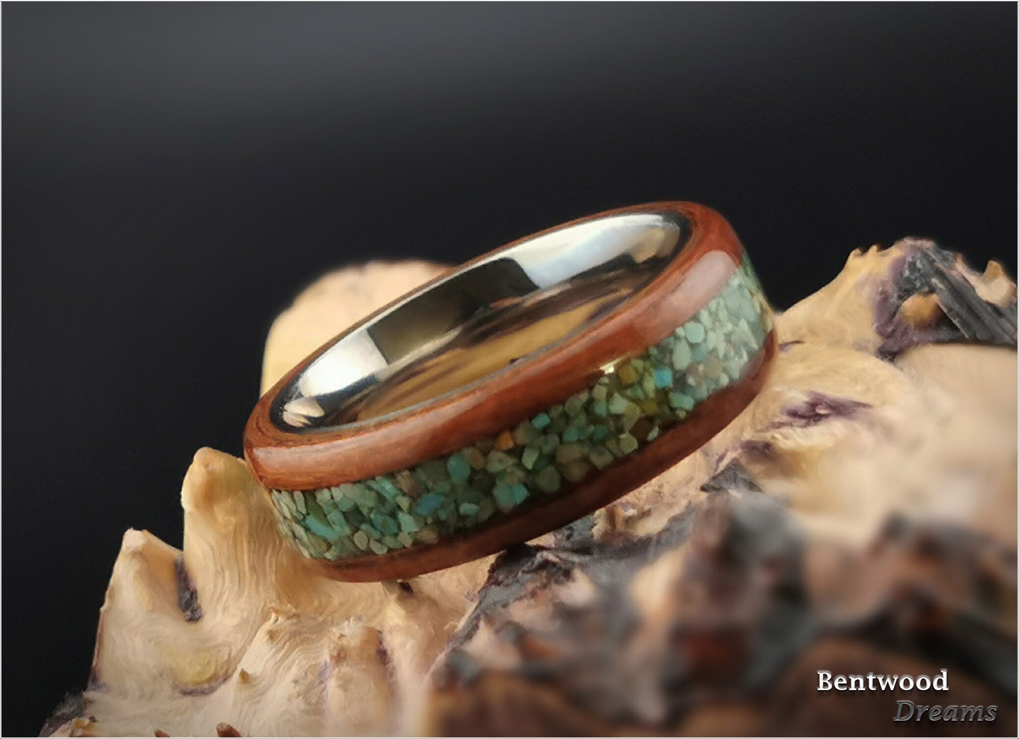 Bentwood Ring: Bubinga, inlaid Green Turquoise, Tungsten Carbide core, wood ring