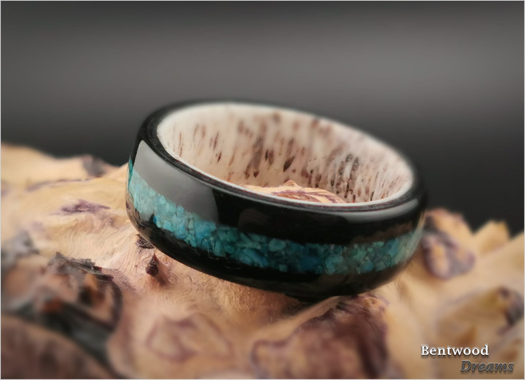 Bentwood Ring: Black Birdseye Maple, inlaid Chilean Chrysocolla, Deer Antler core, wood ring