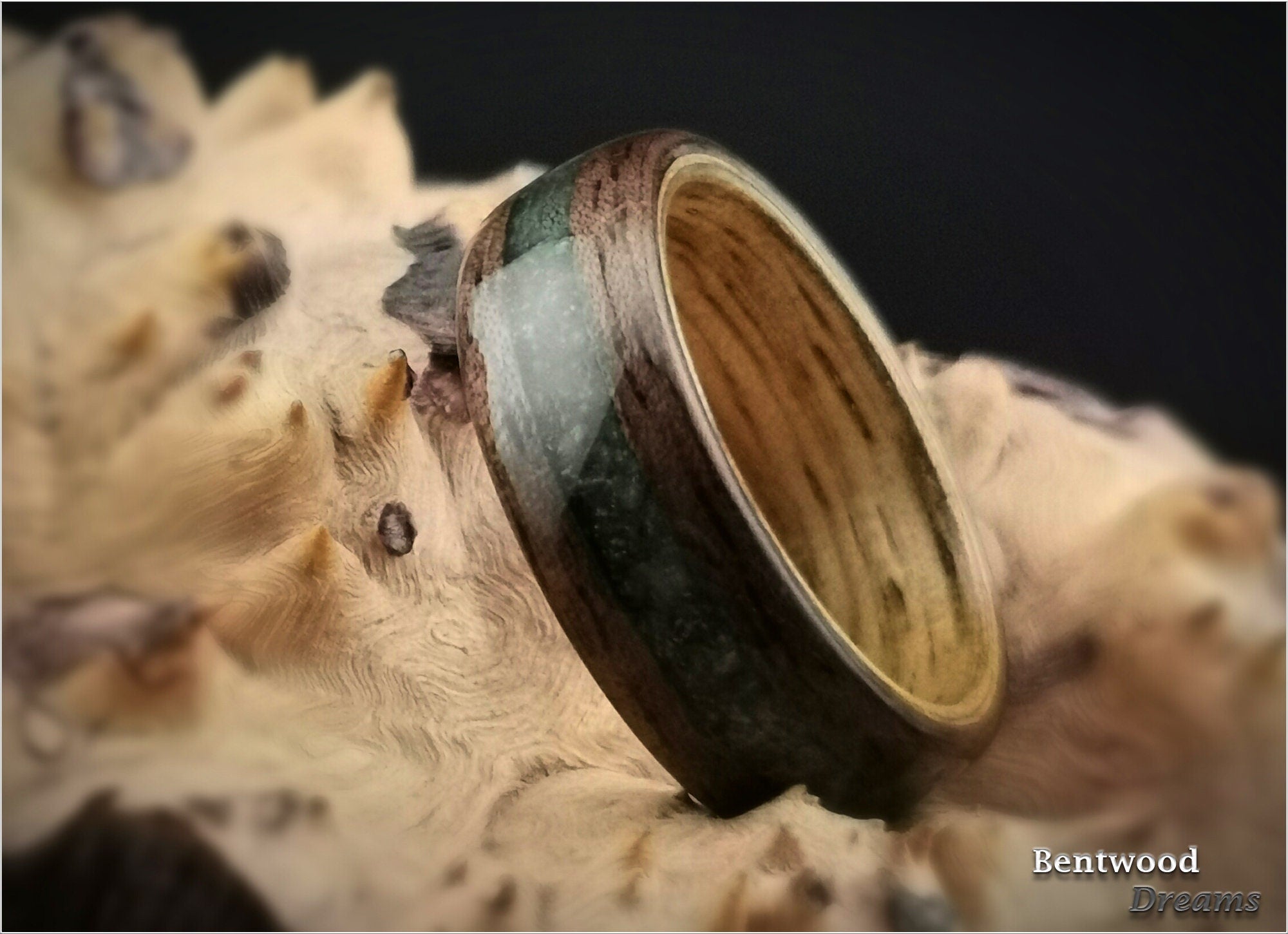 Emerald Inlaid Bentwood Ring: Curly Walnut, Black Limba Core