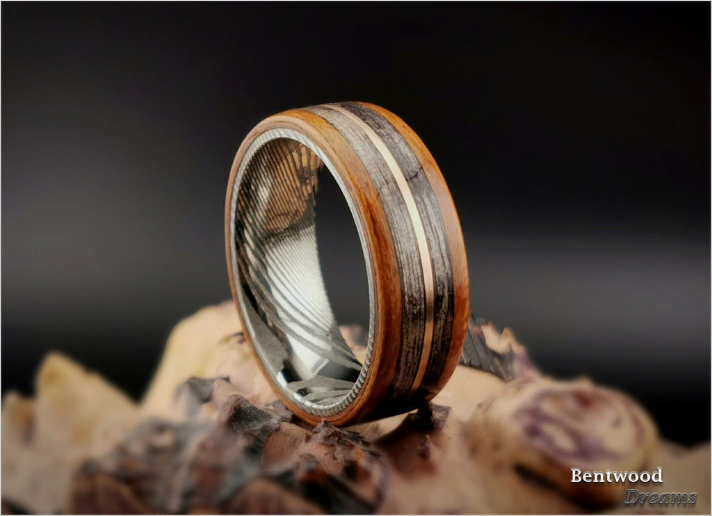 Bentwood Ring: Jatoba, inlaid Harborica,and Bronze, Damascus Steel core
