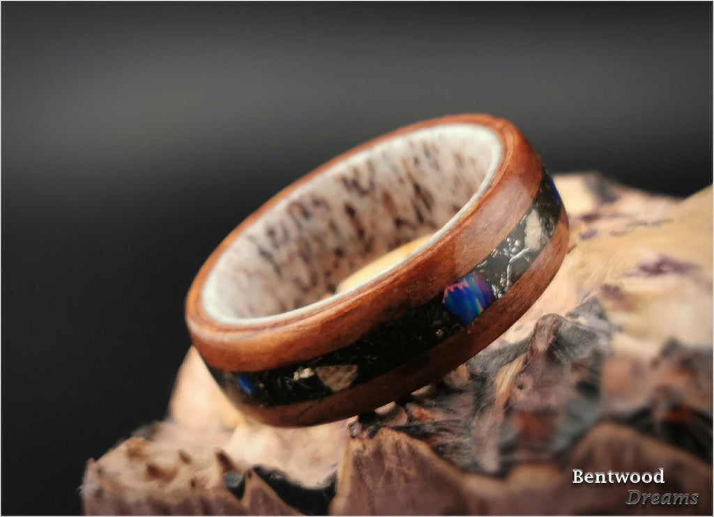 Redwood Burl Bentwood Ring: Megalodon Tooth, Meteorite, Opal, Antler Core