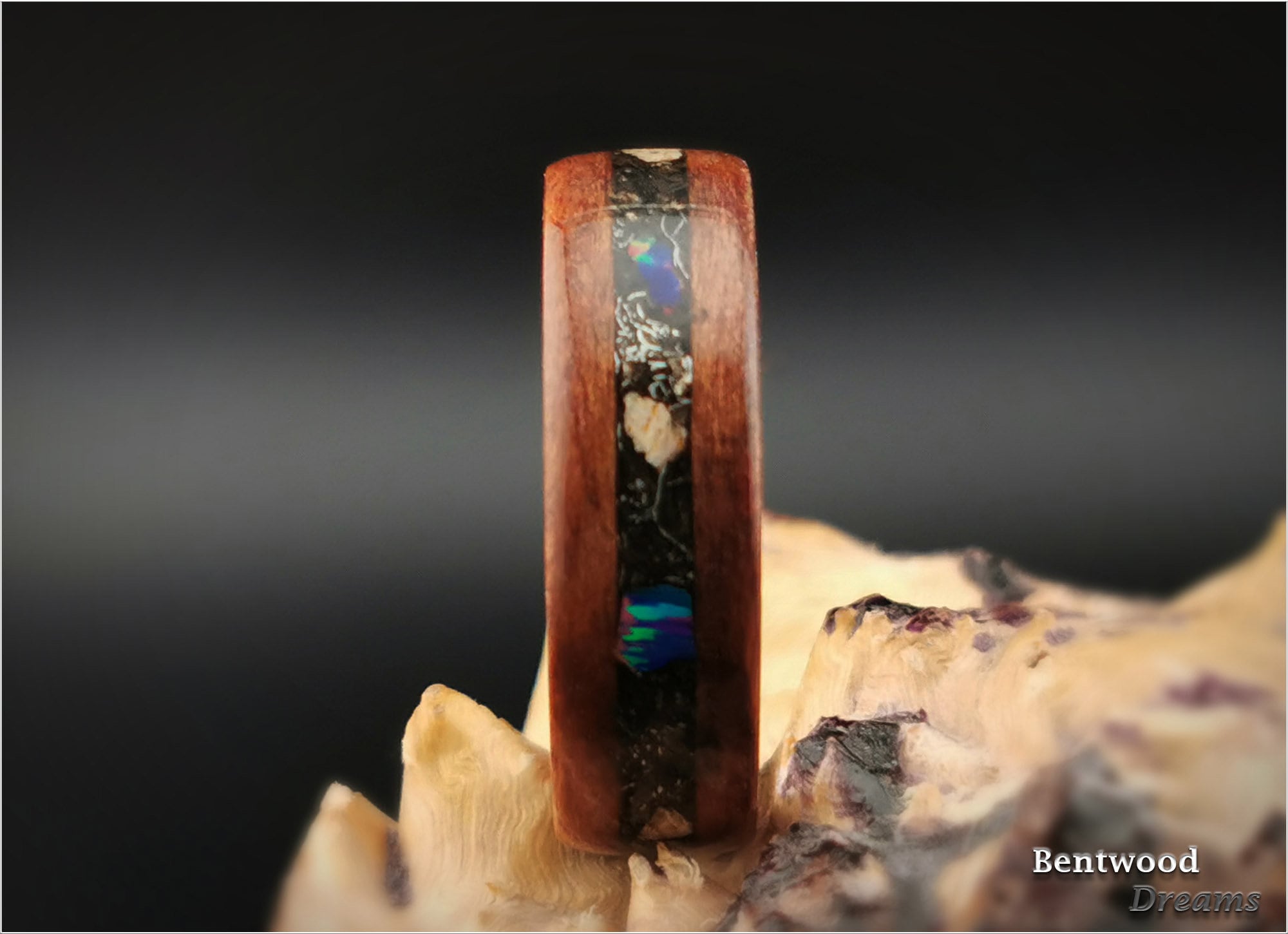Redwood Burl Bentwood Ring: Megalodon Tooth, Meteorite, Opal, Antler Core