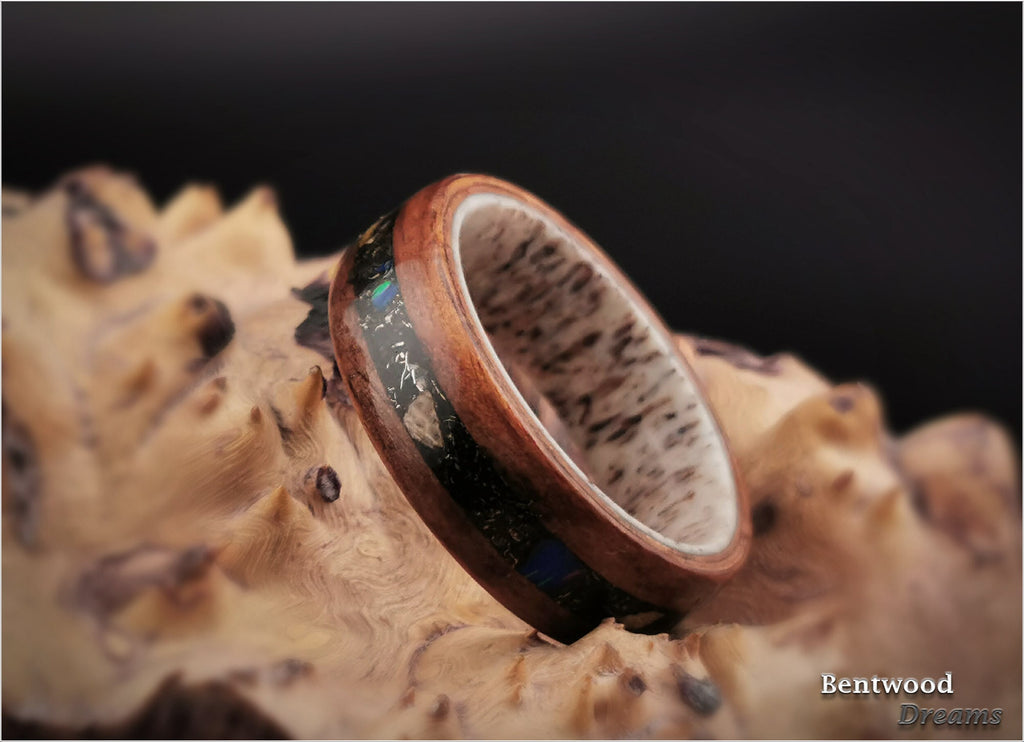 Redwood Burl Bentwood Ring: Megalodon Tooth, Meteorite, Opal, Antler Core